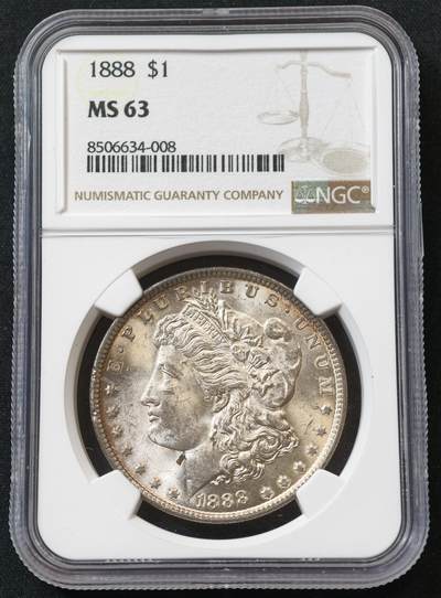 甄臻铺-世界币章拍卖（第55期），3月28日甄品场（直播拍卖）拍品征集中，送拍享返佣金等优惠多多 - NGC-MS63 1888年美国摩根银币，淡淡包浆