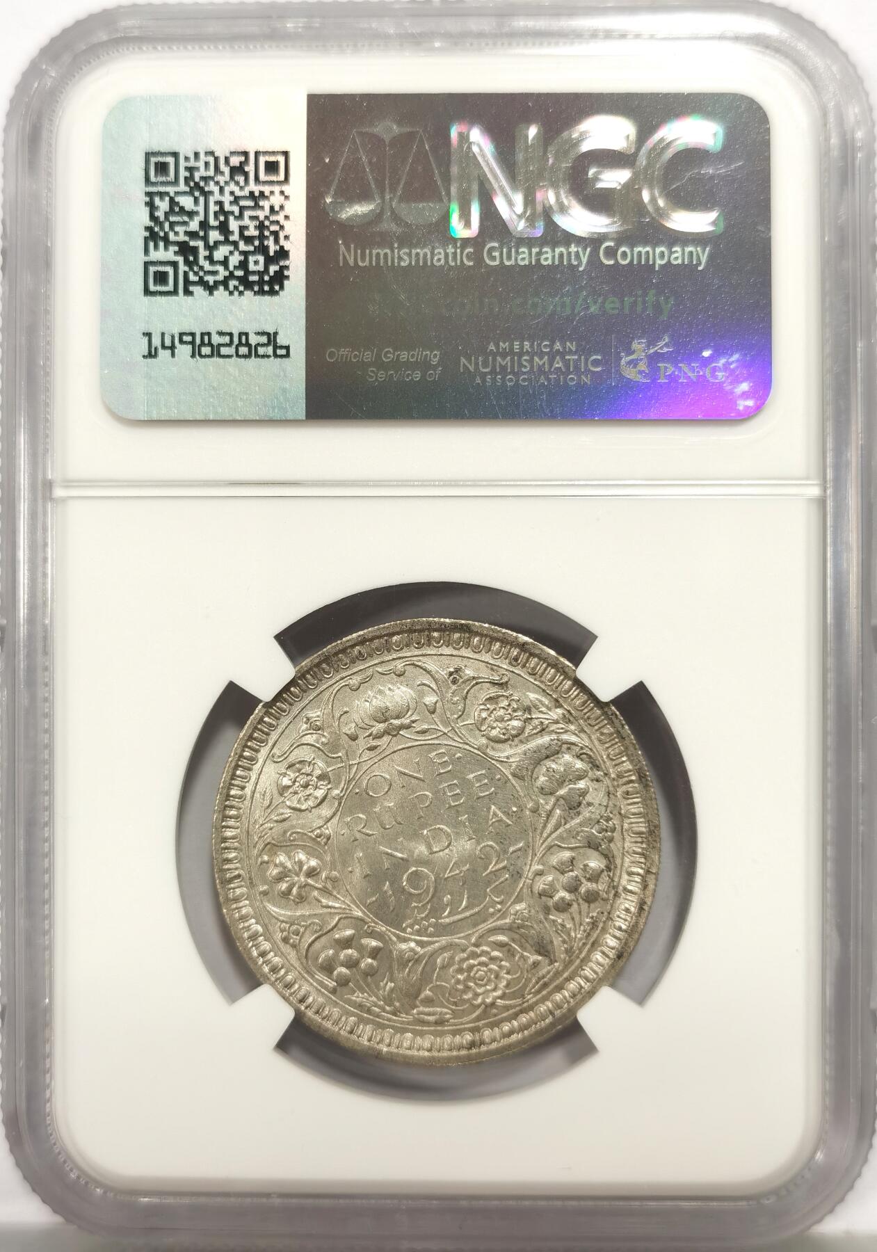 博洋堂世界钱币拍卖第165期（全场包邮） NGC UNCD 英属印度1942年B版乔治六世1卢比银币，币面舒适，状态极佳，疑似错杀。