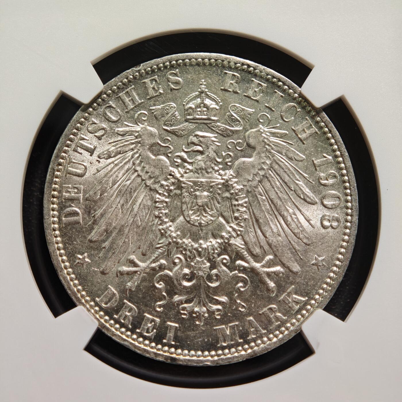 【德藏】世界币章拍卖第168期（拍品征集中~欢迎藏友联系） 1908年 德国普鲁士威廉二世3马克银币 NGC MS61 原光十足