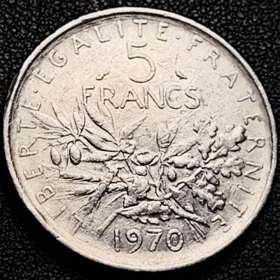 泉币菌-第214场-二月二 龙抬头 专场 拍品多 请提前出价（工作最近较忙 发货不及时，望理解） - 法国早期（1970年）5法郎大镍币 29MM 播种女神 入欧前末版 绝版币