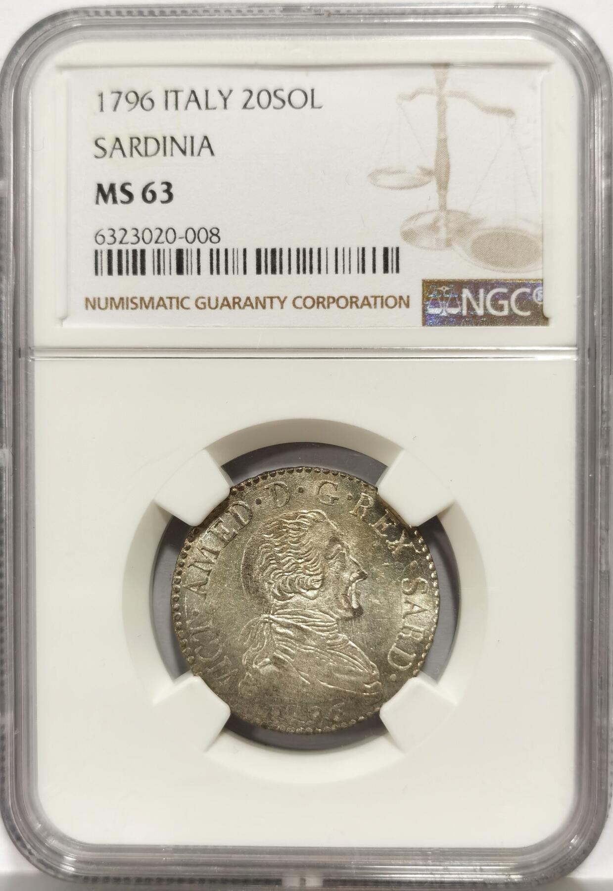 博洋堂世界钱币拍卖第165期（全场包邮） NGC MS63 意大利撒丁岛1796年20Ssols银币，NGC唯一冠军分，罕见品种，2014年ha成交价已经411美元