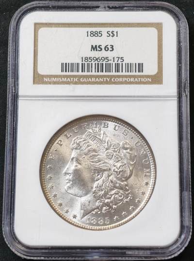 甄臻铺-世界币章拍卖（第55期），3月28日甄品场（直播拍卖）拍品征集中，送拍享返佣金等优惠多多 - NGC-MS63 美国1885年摩根一元银币，老盒子严评加小版再评，较少见