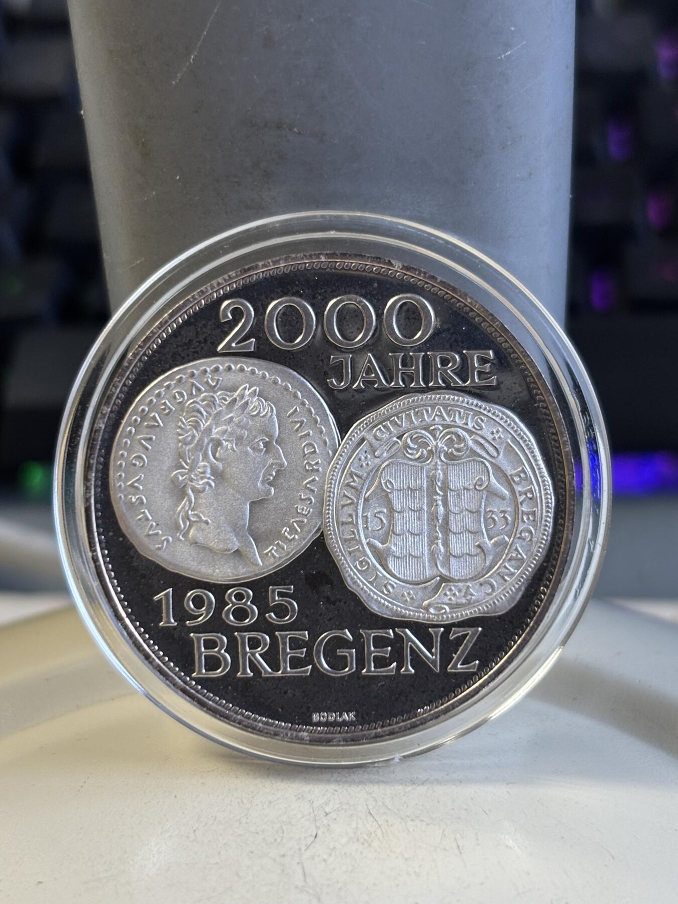 第194期拍卖 获奖币奥地利1985年布雷根茨1200周年精制纪念银币，24克，925银，发行112200枚，有氧化