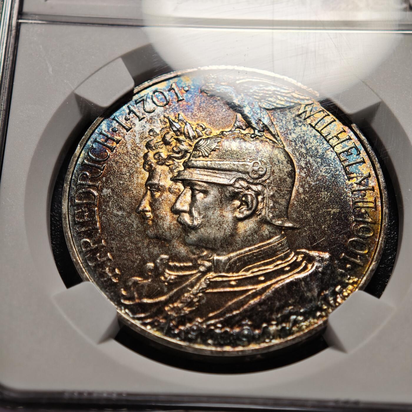 【德藏】世界币章拍卖第168期（拍品征集中~欢迎藏友联系） 1901年 德国普鲁士建国200周年5马克大银币 NGC MS64 深五彩包浆 极其漂亮