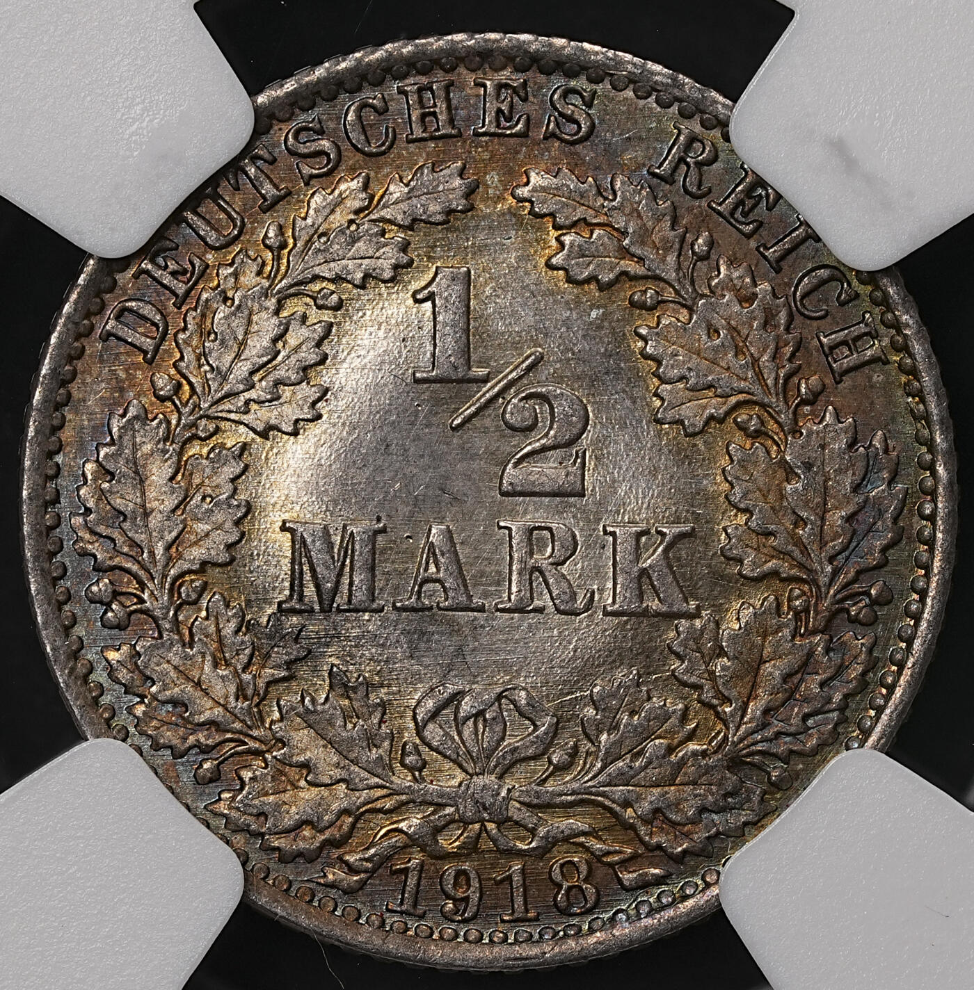 修遠堂世界钱币第108期 NGC MS65 1918年德国1/2马克银币 A厂铭 黑五彩