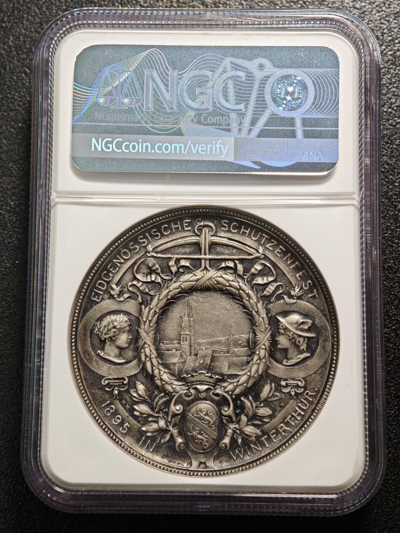 【德藏】世界币章拍卖第168期（拍品征集中~欢迎藏友联系） 1895年 瑞士温特图尔射击节女神纪念银章 NGC MS61 瑞士射击节必备经典品种 原味包浆 状态极佳