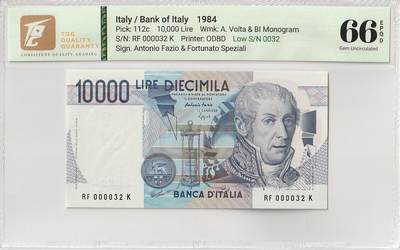 2026三月第三期，总第220期 - 【社长藏品特殊标】意大利1984版10000里拉TQG66epqd 十位小号000032 物理学家伏打