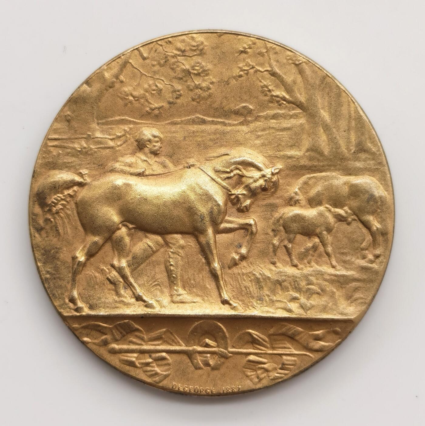 博洋堂世界钱币拍卖第165期（全场包邮） 法国1886年牧马人镀金大银章，40克，章牌大师迪·乔治手笔，丰饶角1Argent边铭，用古典学院派现实主义风格刻画了法国乡村牧马人的日常生活，带原盒