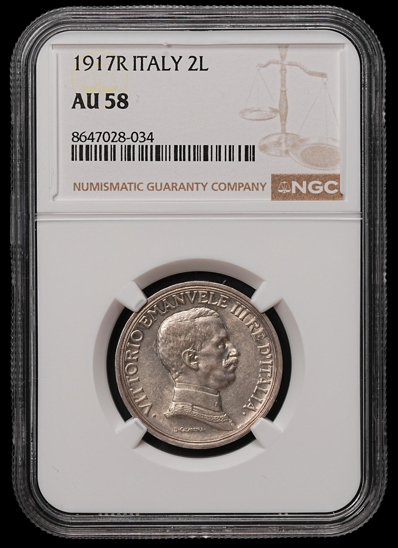 修遠堂世界钱币第108期 NGC AU58 1917年意大利马车2里拉银币 较少见年份