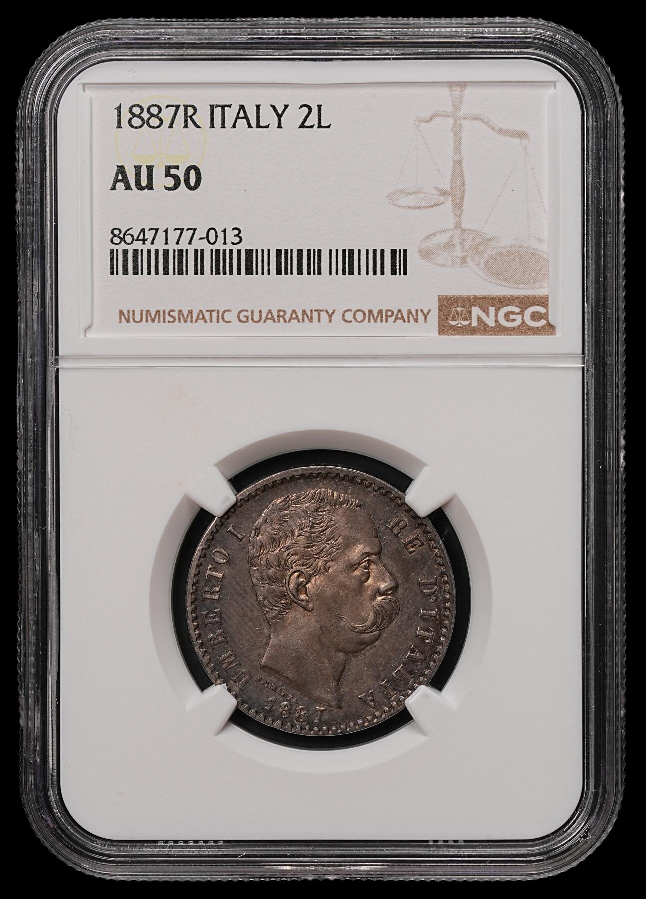 修遠堂世界钱币第108期 NGC AU50 1887年意大利2里拉银币，厚重老包浆，早期年份有分不易