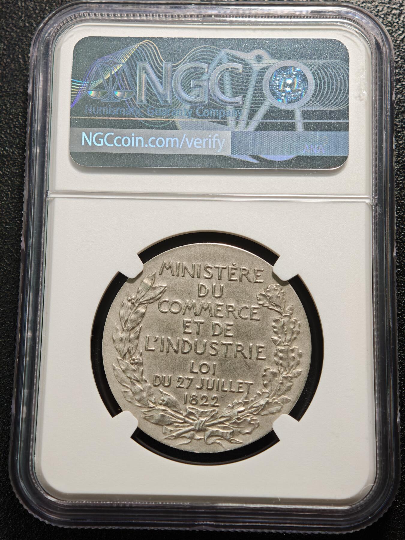 【德藏】世界币章拍卖第168期（拍品征集中~欢迎藏友联系） 1822年 法国商业和工业部专家会议纪念银章代用币 NGC MS61 磨砂质感