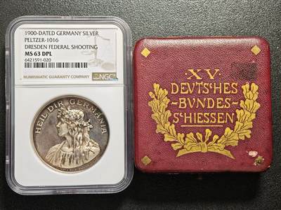 【德藏】世界币章拍卖第168期（拍品征集中~欢迎藏友联系） - 1900年 德国德累斯顿联邦射击节高浮雕女神类镜面纪念银章 NGC MS63DPL 原盒 稀少品种！