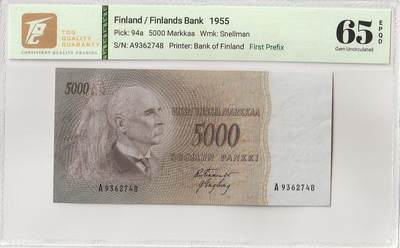 2026三月第三期，总第220期 - 芬兰1955版5000马克TQG65epqd 首冠A 独立领袖政治家斯奈尔曼 稀有的早期旧币制品种