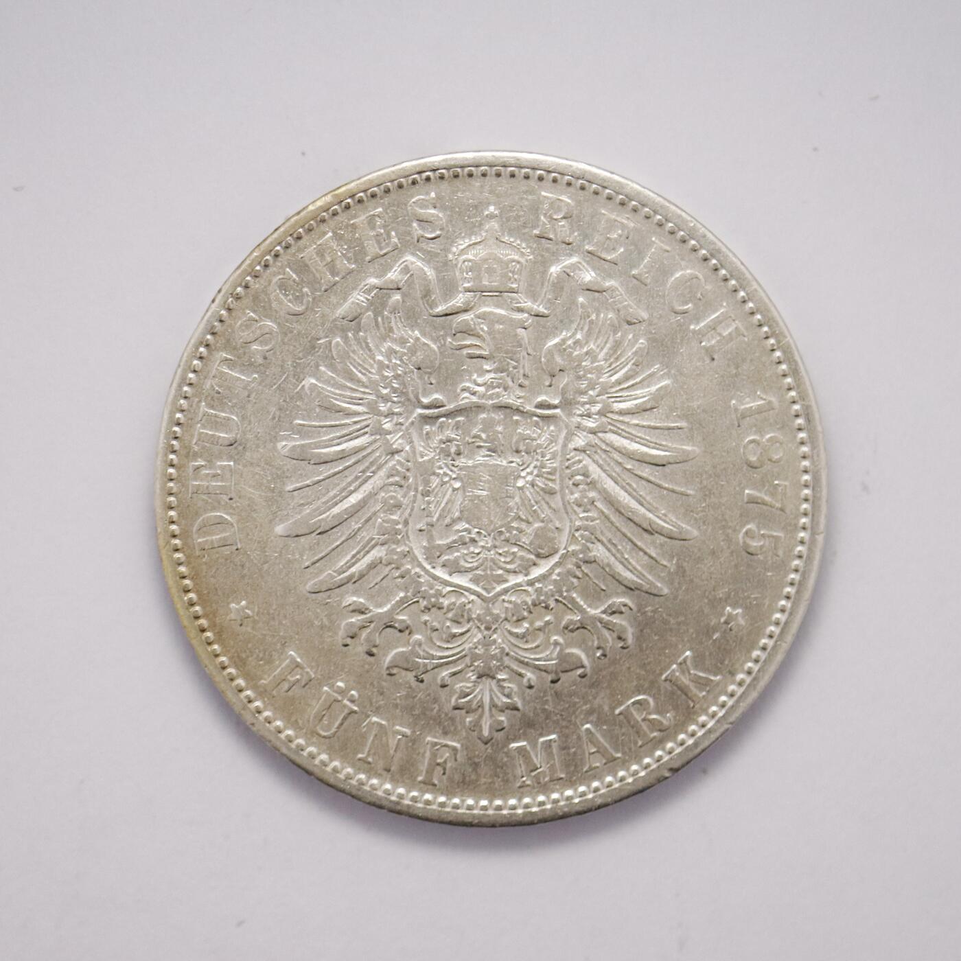 观钱 近现代机制币拍卖No.005（全场顺丰包邮，不区分偏远地区）  德国巴伐利亚王国 1875 年路德维希二世 5 马克银币，喜欢裸币的朋友不要错过