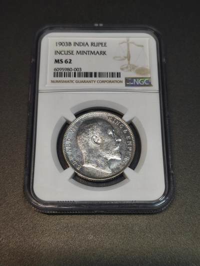 国内外机制币银元拍场 小精品场 - 1903B爱德华七世印度卢比，NGC MS62，转光爆炸，淡彩包浆，出分不易，爱七高分少见