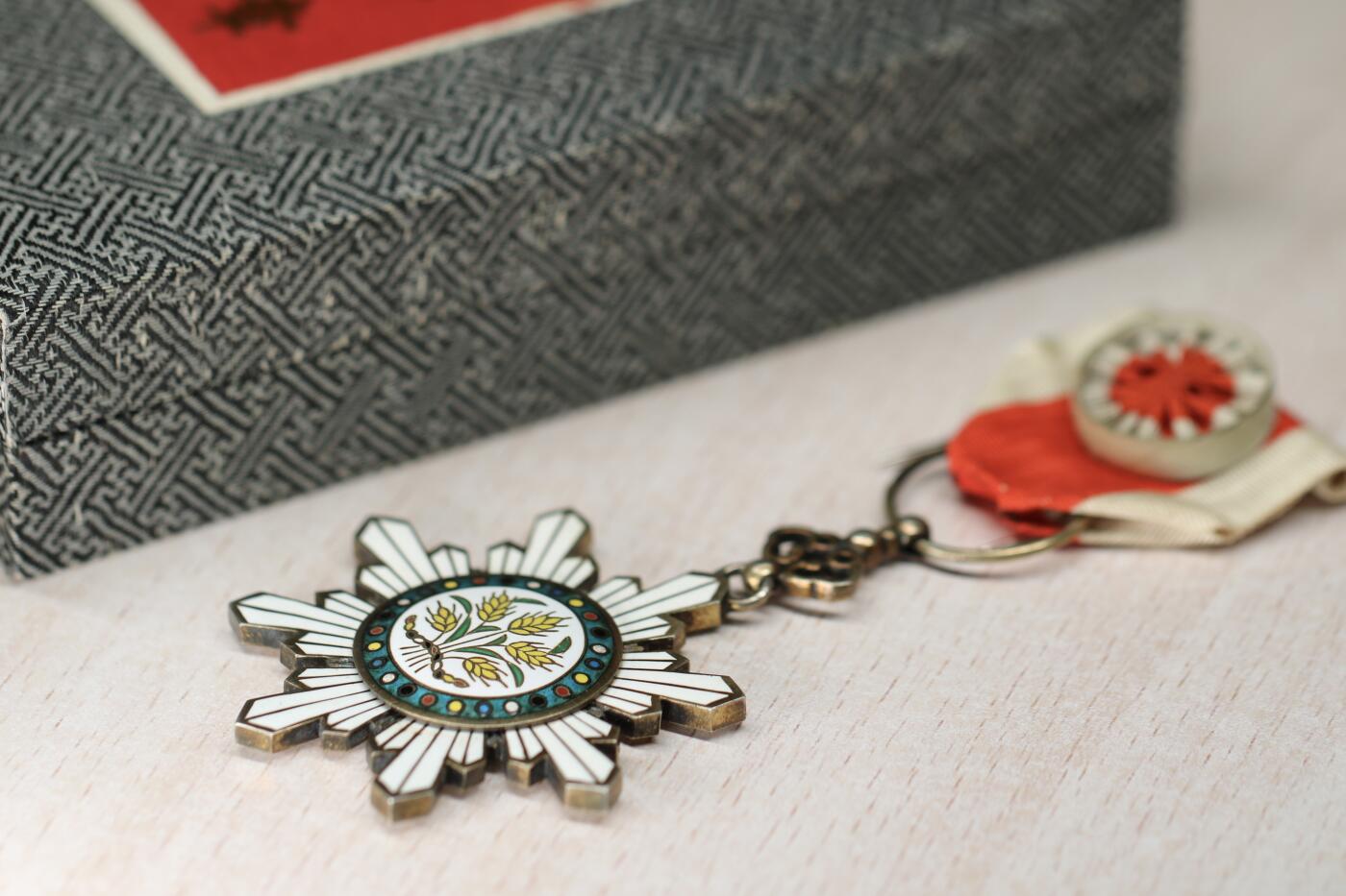 大猫徽章拍卖 第290期 北洋政府四等嘉禾勋章，珐琅花结保存很好，挂环带戳，少见插针式可能为外授，盒子为后造，鲁迅获得过这个级别的勋章