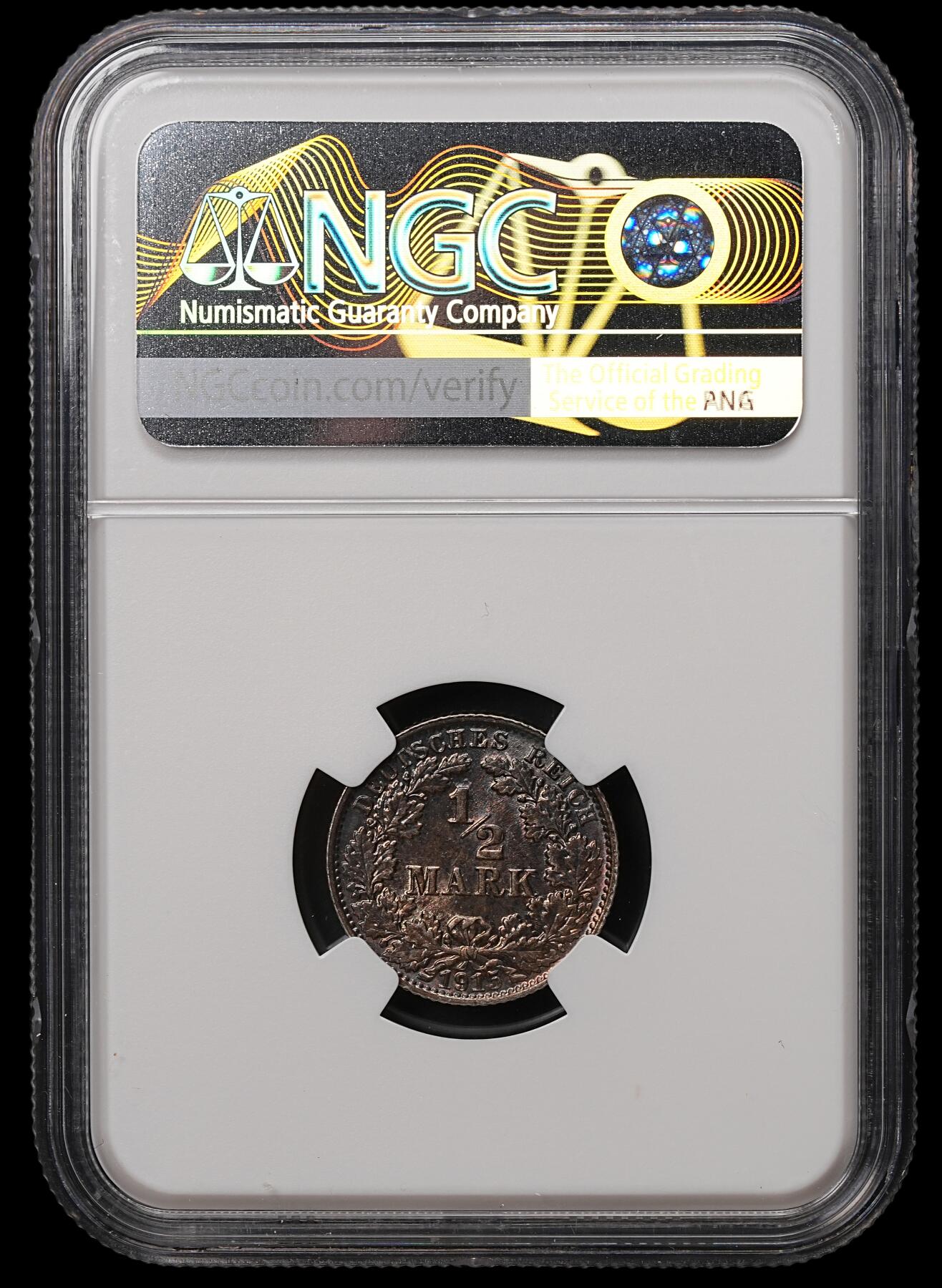 修遠堂世界钱币第108期 NGC MS65 1915年德国1/2马克银币，E厂铭，黑彩