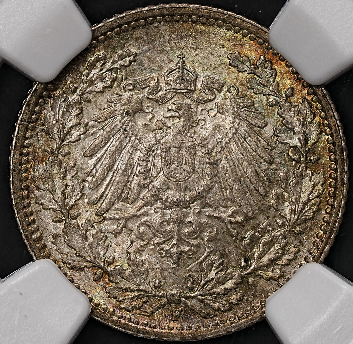 修遠堂世界钱币第108期 NGC MS64 1915年德国1/2马克银币，E厂铭，五彩
