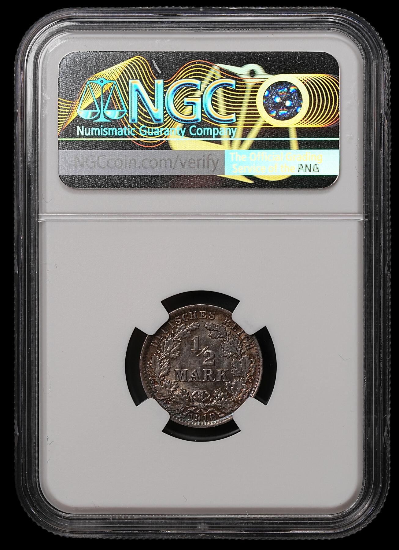 修遠堂世界钱币第108期 NGC MS64 1918年德国1/2马克银币 A厂铭 黑五彩