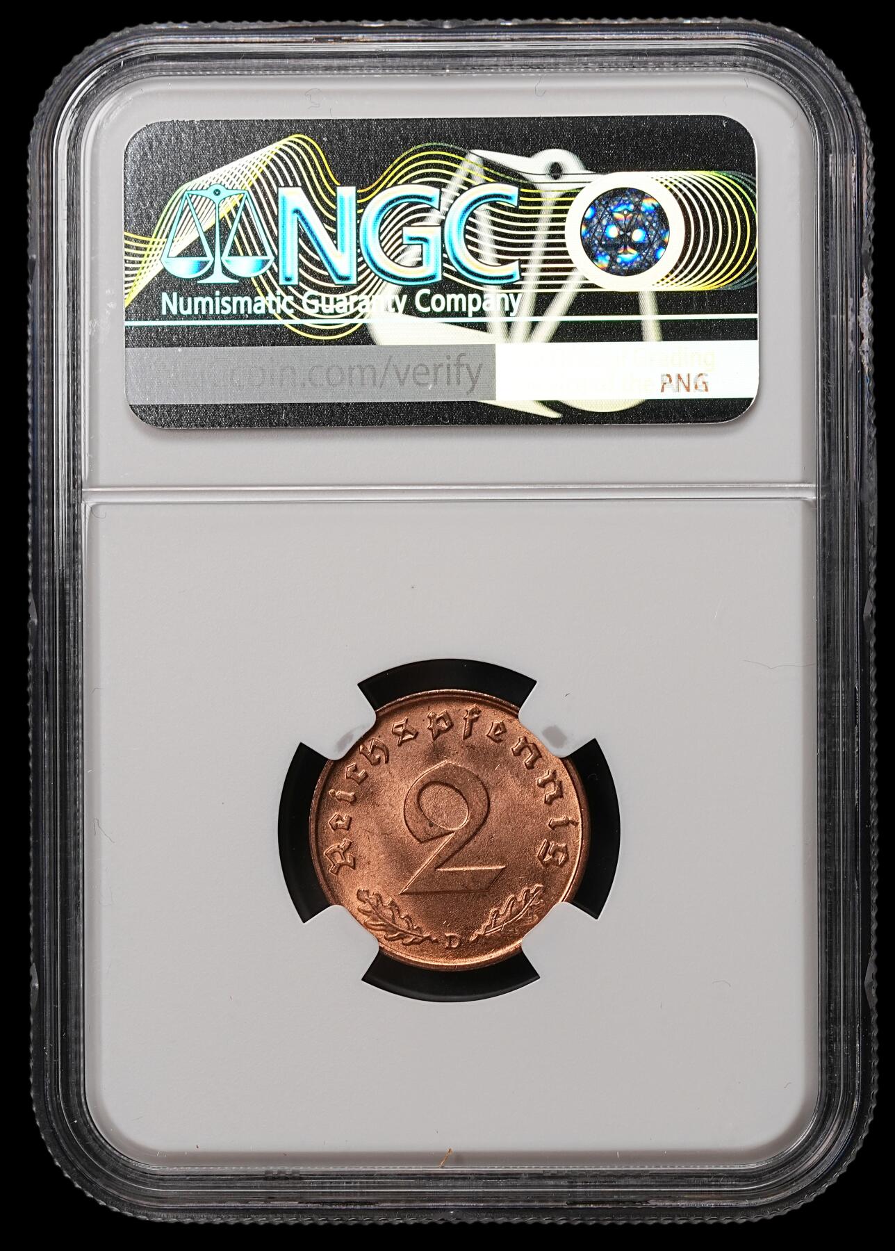 修遠堂世界钱币第108期 NGC MS65RD 1939年德国2芬尼铜币 RD难得 D厂铭