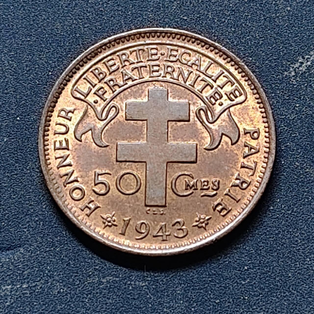 【全场包邮】纯粹捡漏拍513场 法属喀麦隆1943年公鸡50分铜币（KM4稀少版，非自由版） UNC品相