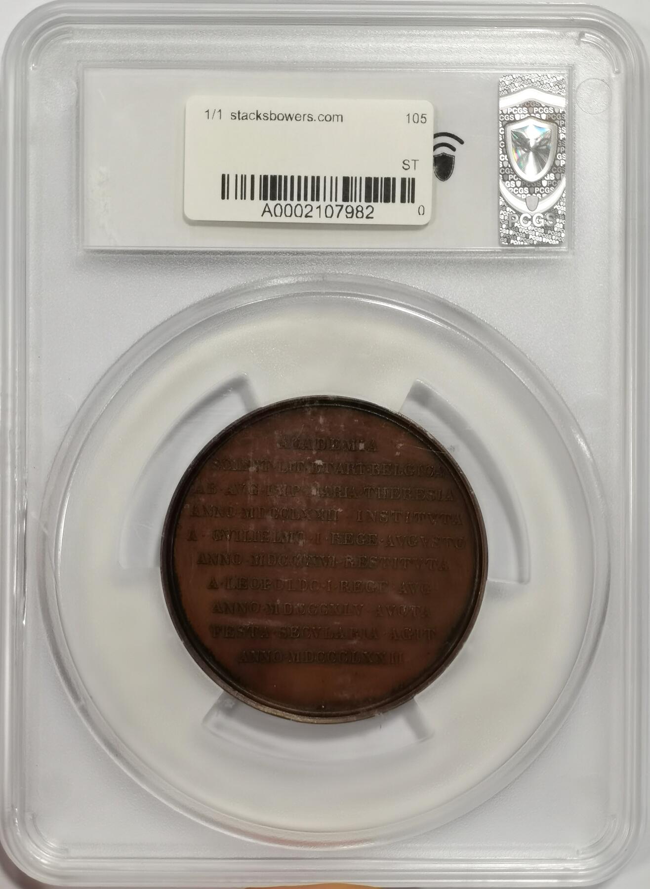 博洋堂世界钱币拍卖第165期（全场包邮） PCGS SP64 比利时1872年皇家科学与艺术学院成立100周年纪念大铜章，正面玛丽亚·特蕾莎的侧面肖像，她也是该学院的创始人