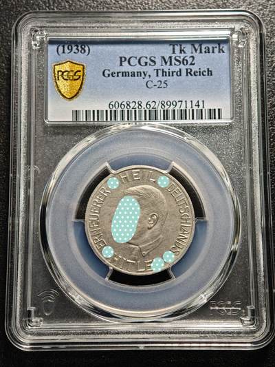 【德藏】世界币章拍卖第168期（拍品征集中~欢迎藏友联系） - 1938年  德国民族社会主义工人党党首头像1马克代用币 PCGS MS62（原图请查询PCGS评级官网）