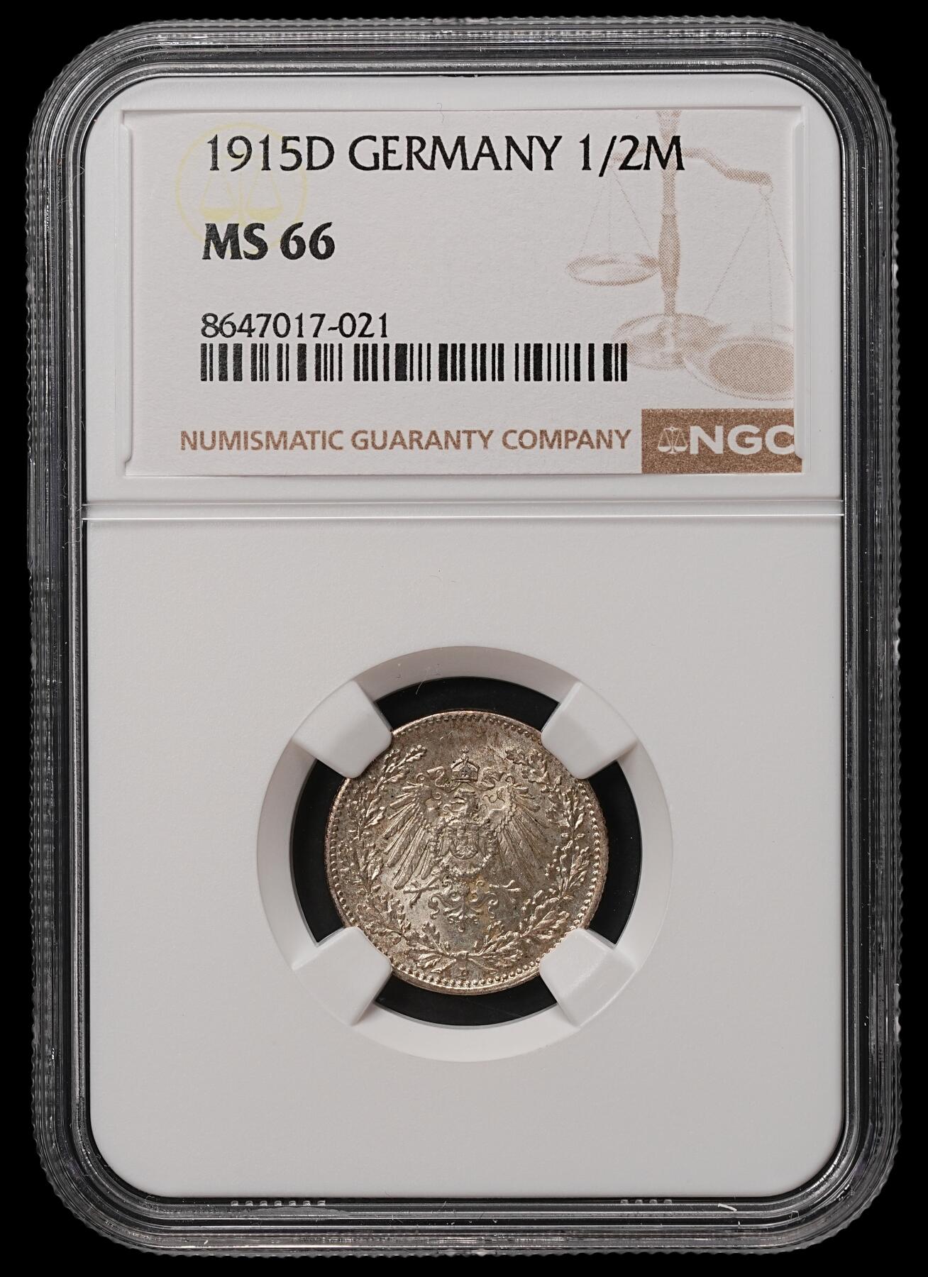 修遠堂世界钱币第108期 NGC MS66 1915年德国1/2马克银币，D厂铭