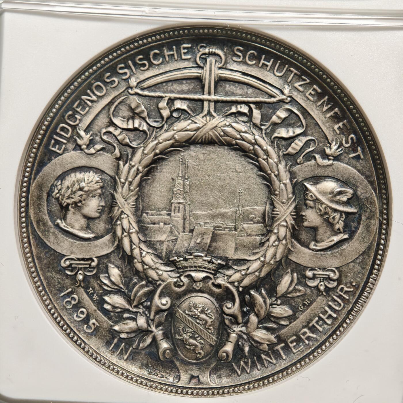 【德藏】世界币章拍卖第168期（拍品征集中~欢迎藏友联系） 1895年 瑞士温特图尔射击节女神纪念银章 NGC MS61 瑞士射击节必备经典品种 原味包浆 状态极佳