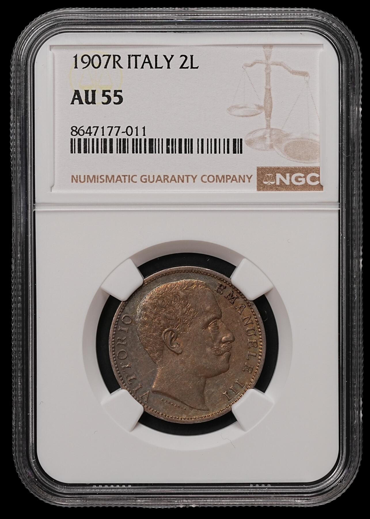 修遠堂世界钱币第108期 NGC AU55 1907年意大利2里拉银币，老彩味道棒，少见早期年份有分不易