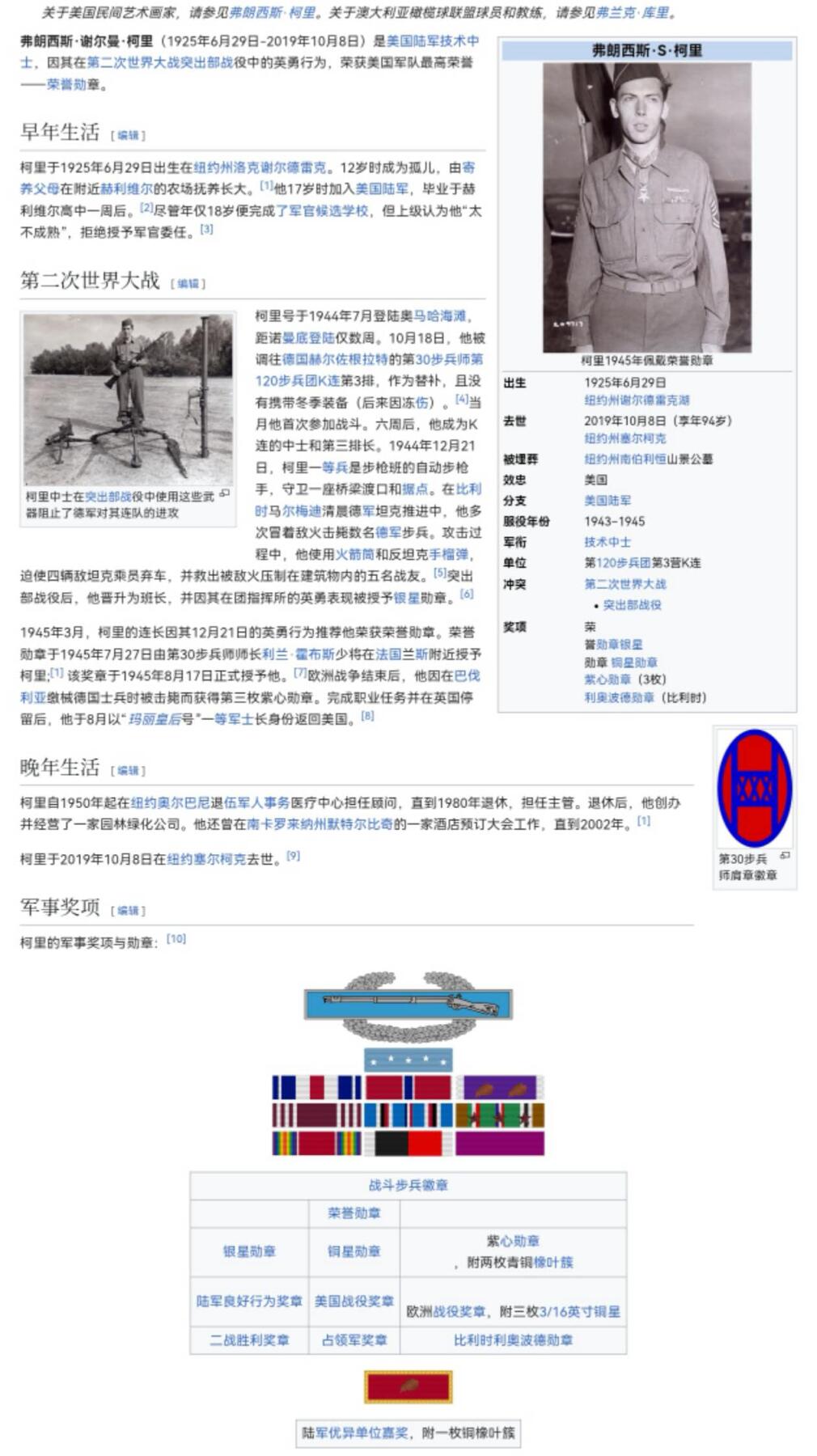 小驴勋章奖章收藏3月21日周六晚六点拍卖（珍爱和平，收藏战争，铭记历史，勿忘国耻，忠党爱国。有偿代拍，送拍规则在简介最后，参拍须阅读规则后再参拍，关系到运费包装发货时效真假辨别等关键信息，拍卖时不再发原图，看大图店主微信码在拍卖店铺介绍里） 二战美国陆军第30步兵师自动步枪手（勃朗宁轻机枪），参与突出部战役作战，巴祖卡打坦克，荣誉勋章获得者弗朗西斯·谢尔曼·柯里中士战后签名照A4裁切，送一段40分钟老先生的采访视频中标后加我微信找我传，美军二战期间一共颁发472枚荣誉勋章，比骑士铁十字少很多，eBay参考价50美金不含邮，比较有趣的荣誉：纽约南伯利恒的柯里大道（Currey Ave），98年首款荣誉勋章G.I. Joe人偶以柯瑞为原型