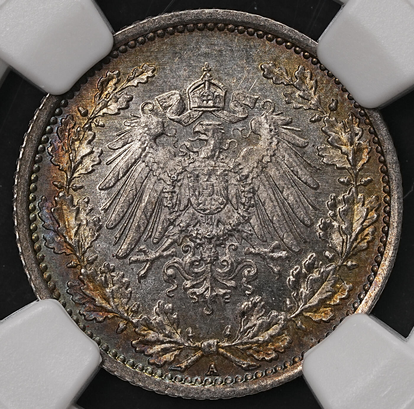 修遠堂世界钱币第108期 NGC MS65 1918年德国1/2马克银币 A厂铭 黑五彩