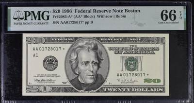 《艾美收藏》第237期-3.22周日外币强钞白金场 - 1996年大头版首发年份20美元星补号AA首发冠PMG66E亚军分4 冠军67分仅14张