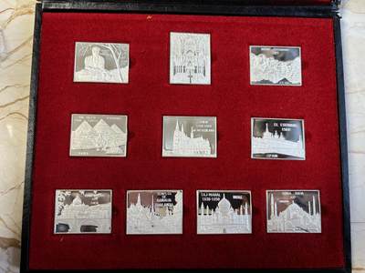 第193期拍卖 - 世界著名景点纪念银章一组十枚，单枚39.5*30.5毫米，重约14克*10=140克带银戳