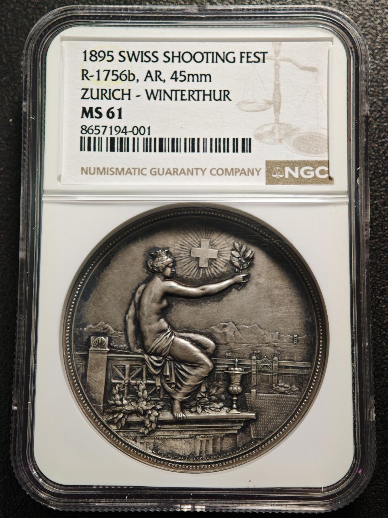 【德藏】世界币章拍卖第168期（拍品征集中~欢迎藏友联系） 1895年 瑞士温特图尔射击节女神纪念银章 NGC MS61 瑞士射击节必备经典品种 原味包浆 状态极佳