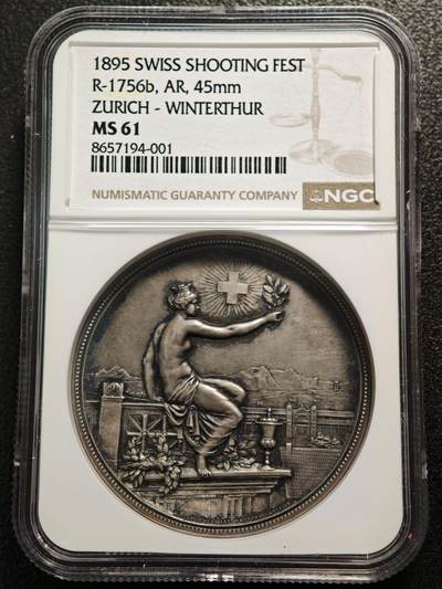 【德藏】世界币章拍卖第168期（拍品征集中~欢迎藏友联系） - 1895年 瑞士温特图尔射击节女神纪念银章 NGC MS61 瑞士射击节必备经典品种 原味包浆 状态极佳