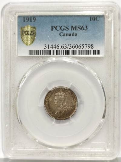 博洋堂世界钱币拍卖第165期（全场包邮） - PCGS MS63 英属加拿大1919年乔治五世10分银币