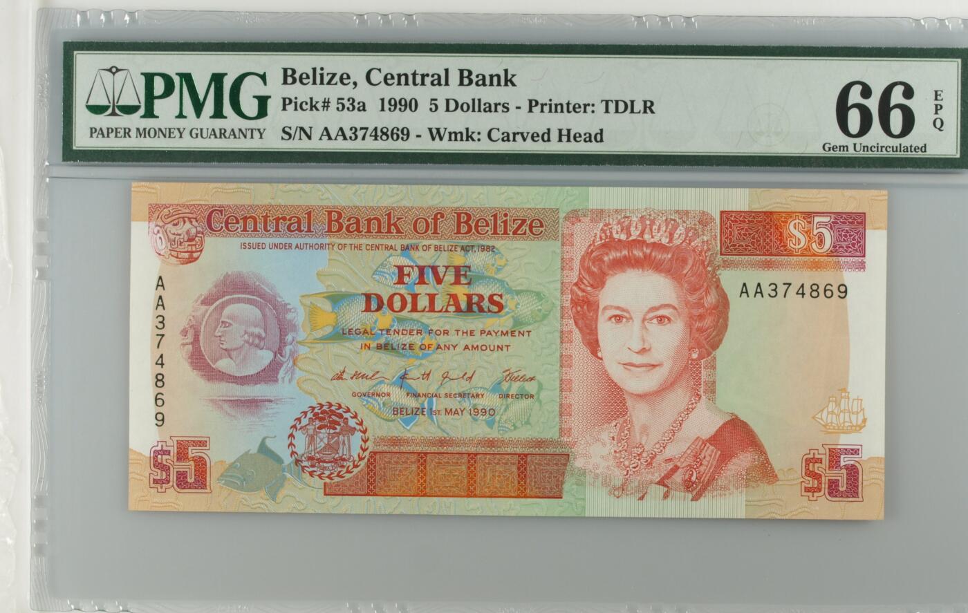 《艾美收藏》第237期-3.22周日外币强钞白金场 伯利兹1990年少见初版AA冠5镑PMG66E乱蛇号 Pick#53a初版难得