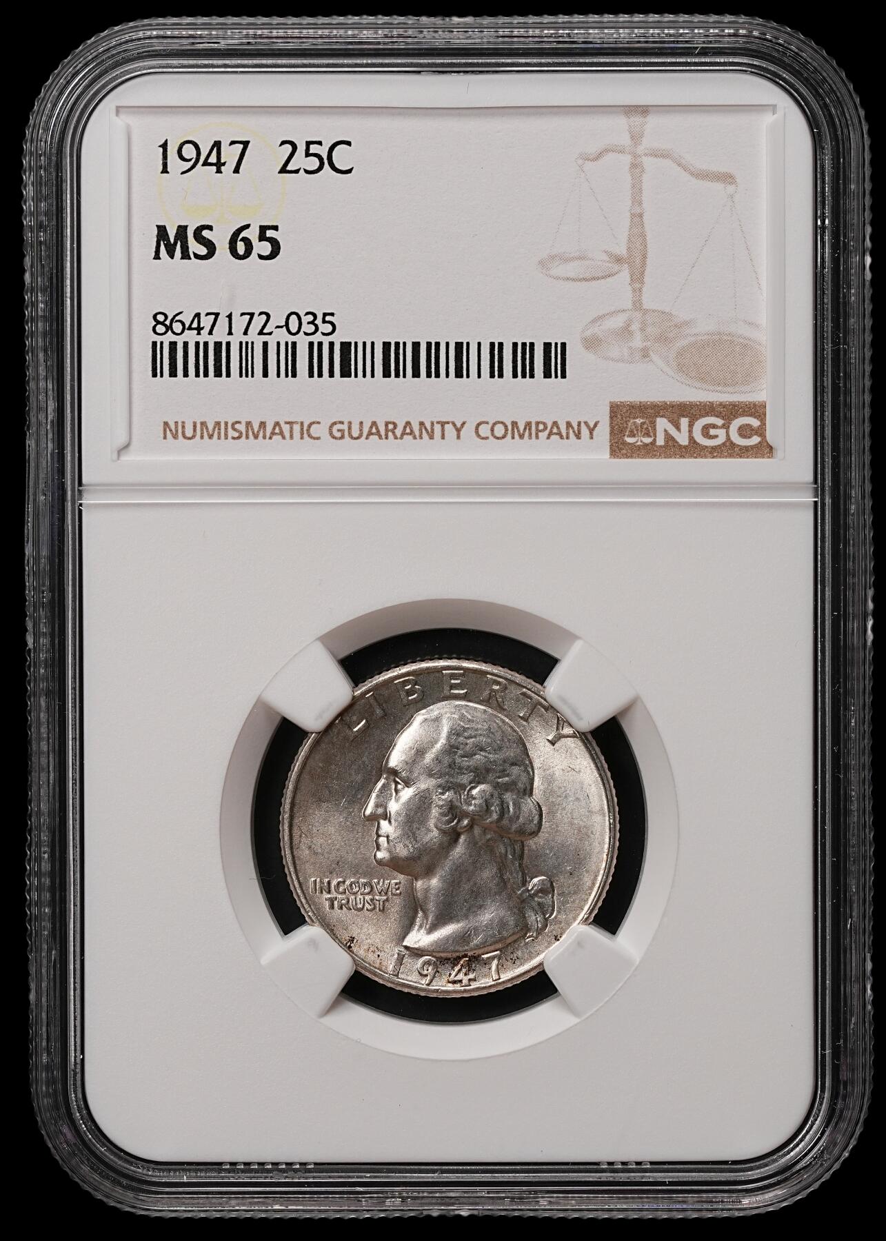 修遠堂世界钱币第108期 NGC MS65 1947年美国25美分银币