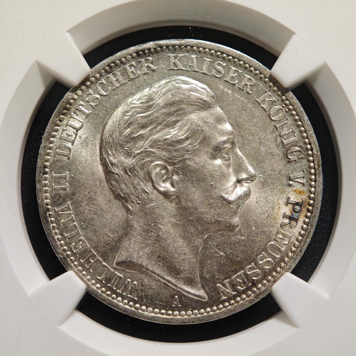 【德藏】世界币章拍卖第168期（拍品征集中~欢迎藏友联系） 1908年 德国普鲁士威廉二世3马克银币 NGC MS61 原光十足