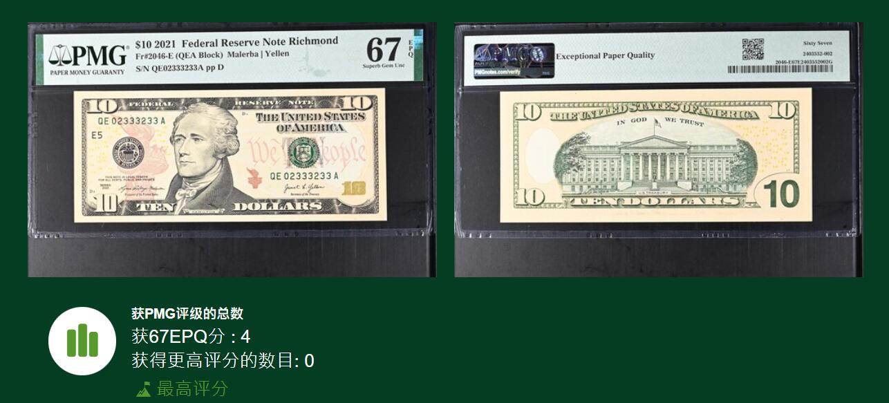 《艾美收藏》第237期-3.22周日外币强钞白金场 2021年彩版10美元PMG67E冠军分 数三023全小号组合