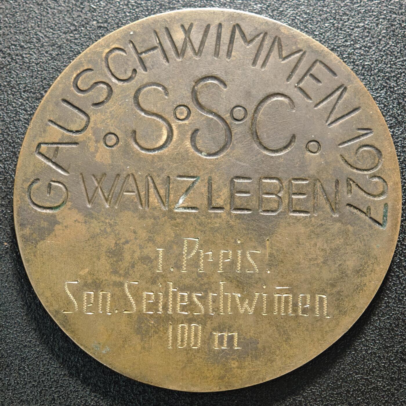 【德藏】世界币章拍卖第168期（拍品征集中~欢迎藏友联系） 1927年 德国万茨莱本地区游泳锦标赛一等奖奖章高浮雕纪念大铜章 带盒 直径约：64.4mm；重约：81.5g