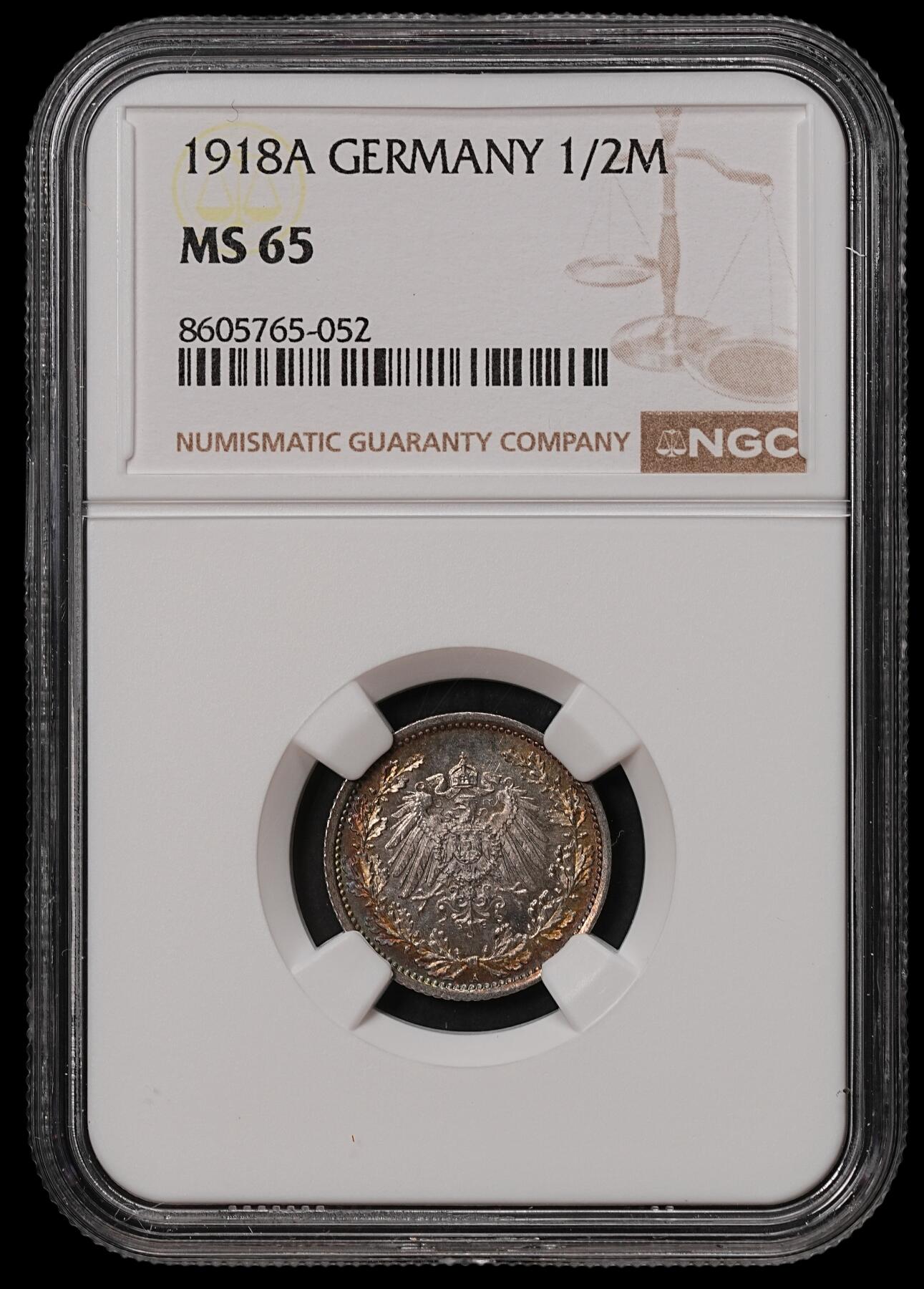 修遠堂世界钱币第108期 NGC MS65 1918年德国1/2马克银币 A厂铭 黑五彩