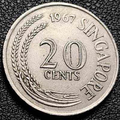 泉币菌-第214场-二月二龙抬头专场 拍品多 请提前出价（工作最近较忙 发货不及时，望理解） - 高币值 1967年 新加坡20分 海洋动物-剑鱼 24mm 