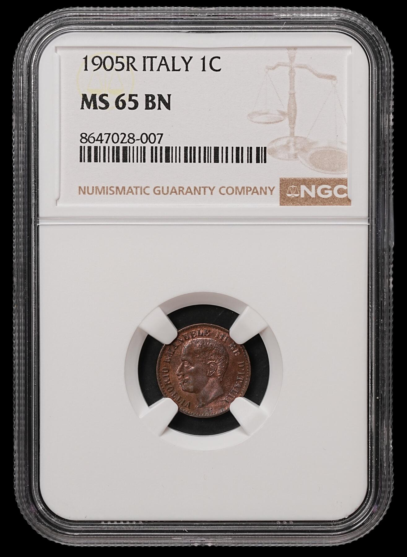 修遠堂世界钱币第108期 NGC MS65BN 1905年意大利1分铜币