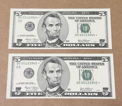 【礼羽收藏】🌏世界钱币拍卖129期 - 03年黑白大头5美元补号连号全新u3、nc品相