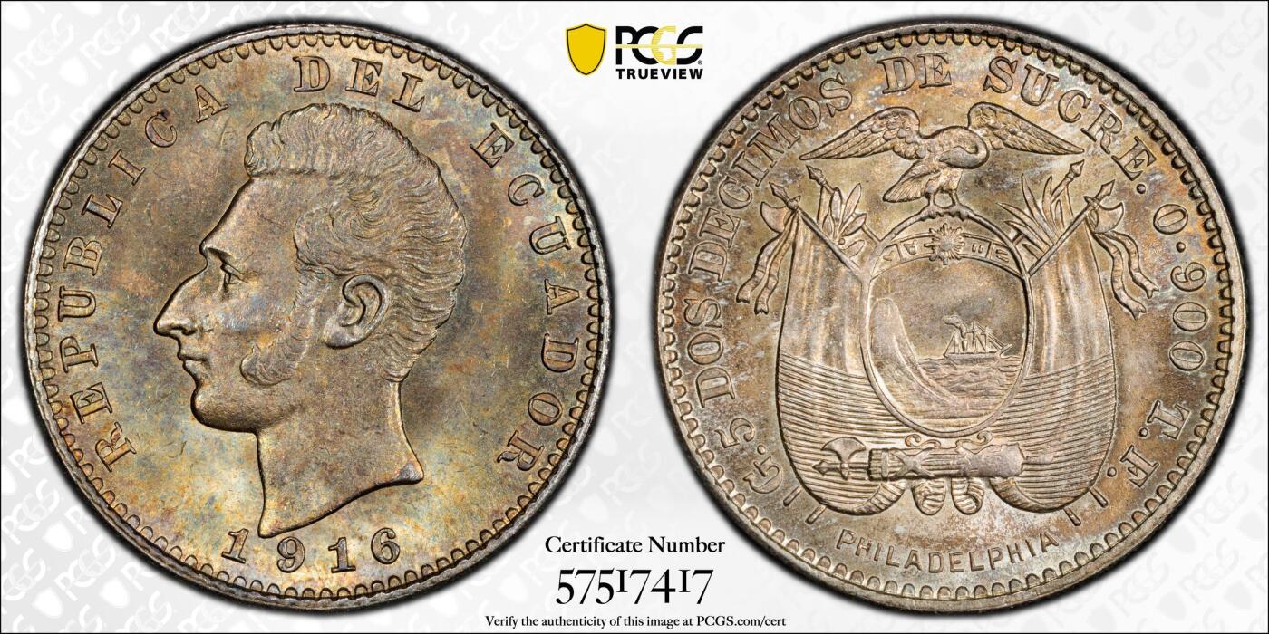 博洋堂世界钱币拍卖第165期（全场包邮） PCGS MS65 厄瓜多尔1916年2DECIMO银币，费城造币厂标，仅有一枚更高分