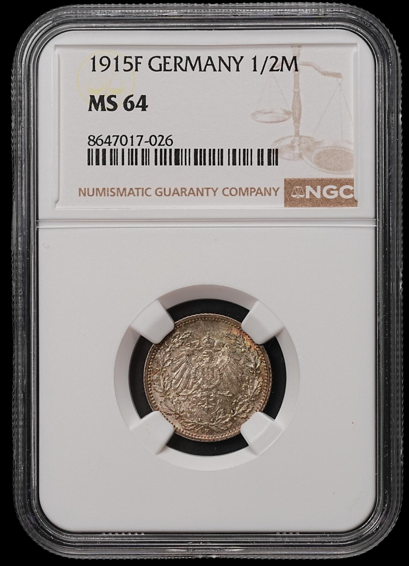 修遠堂世界钱币第108期 NGC MS64 1915年德国1/2马克银币，E厂铭，五彩
