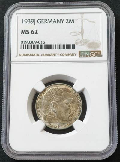 甄臻铺-世界币章拍卖（第55期），3月28日甄品场（直播拍卖）拍品征集中，送拍享返佣金等优惠多多 - NGC-MS62 1939年德国兴登堡万字2马克，淡淡包浆