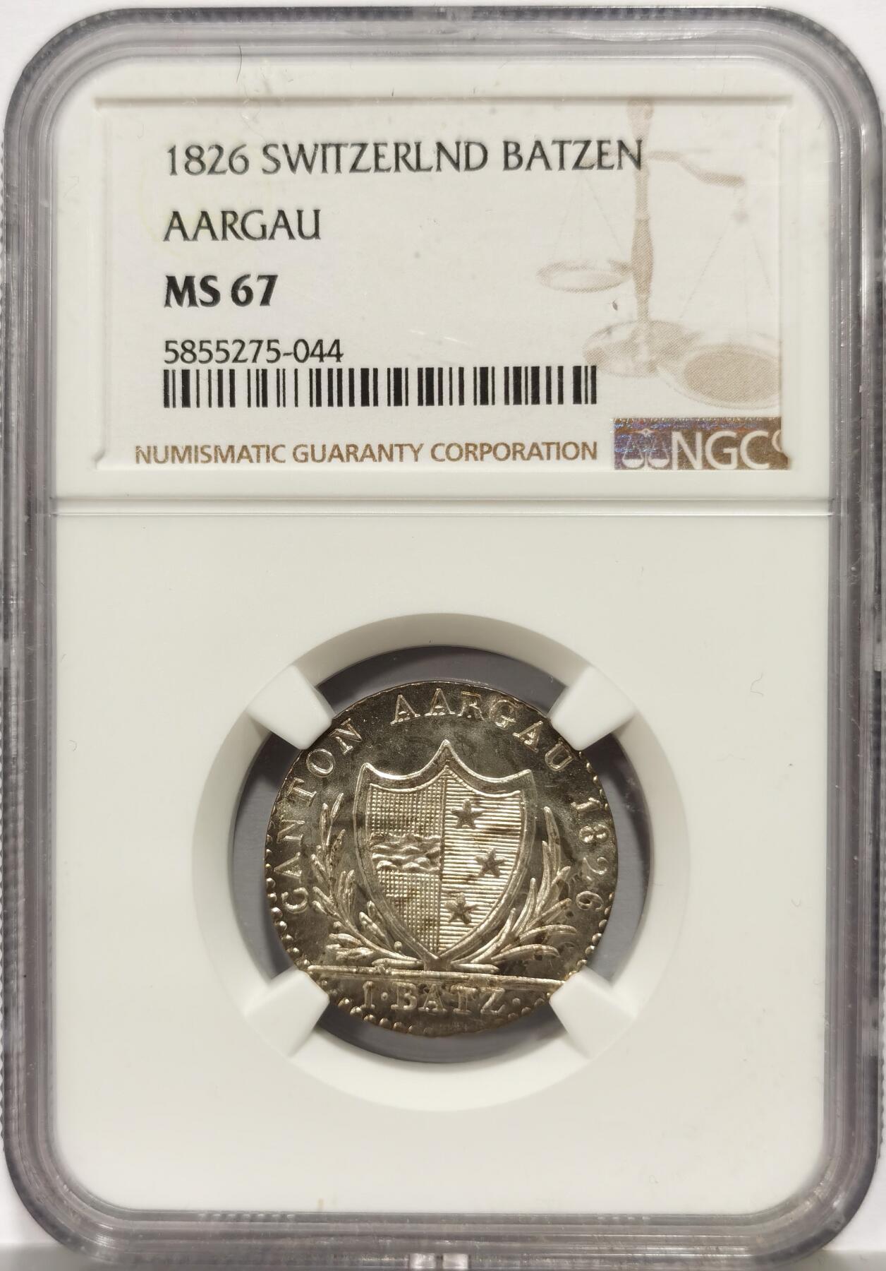 博洋堂世界钱币拍卖第165期（全场包邮） NGC MS67 瑞士阿尔高1826年Batzen银币，冠军分！